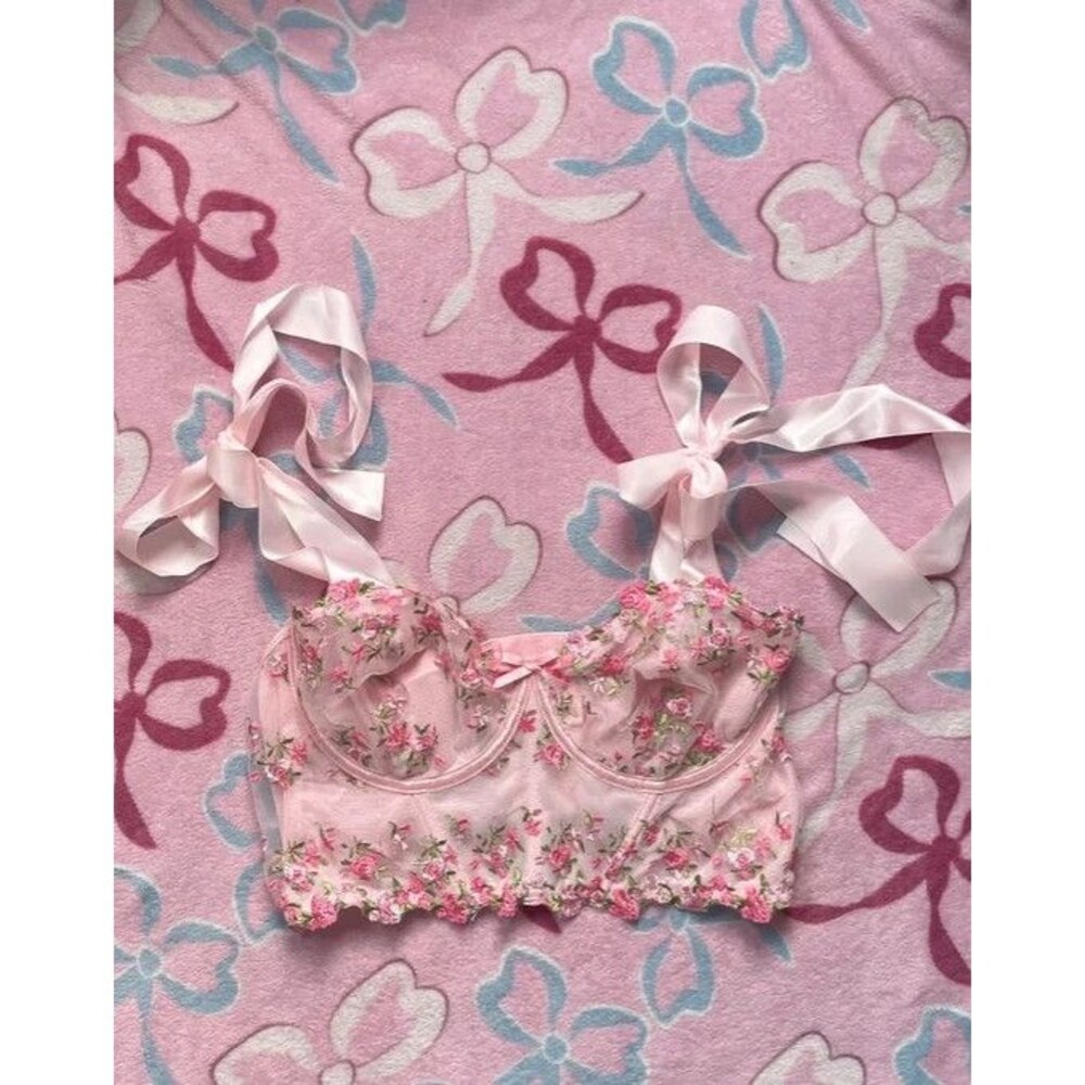 Shein Coquette Pink Floral Mesh Corset Top Lace Bow Bustier